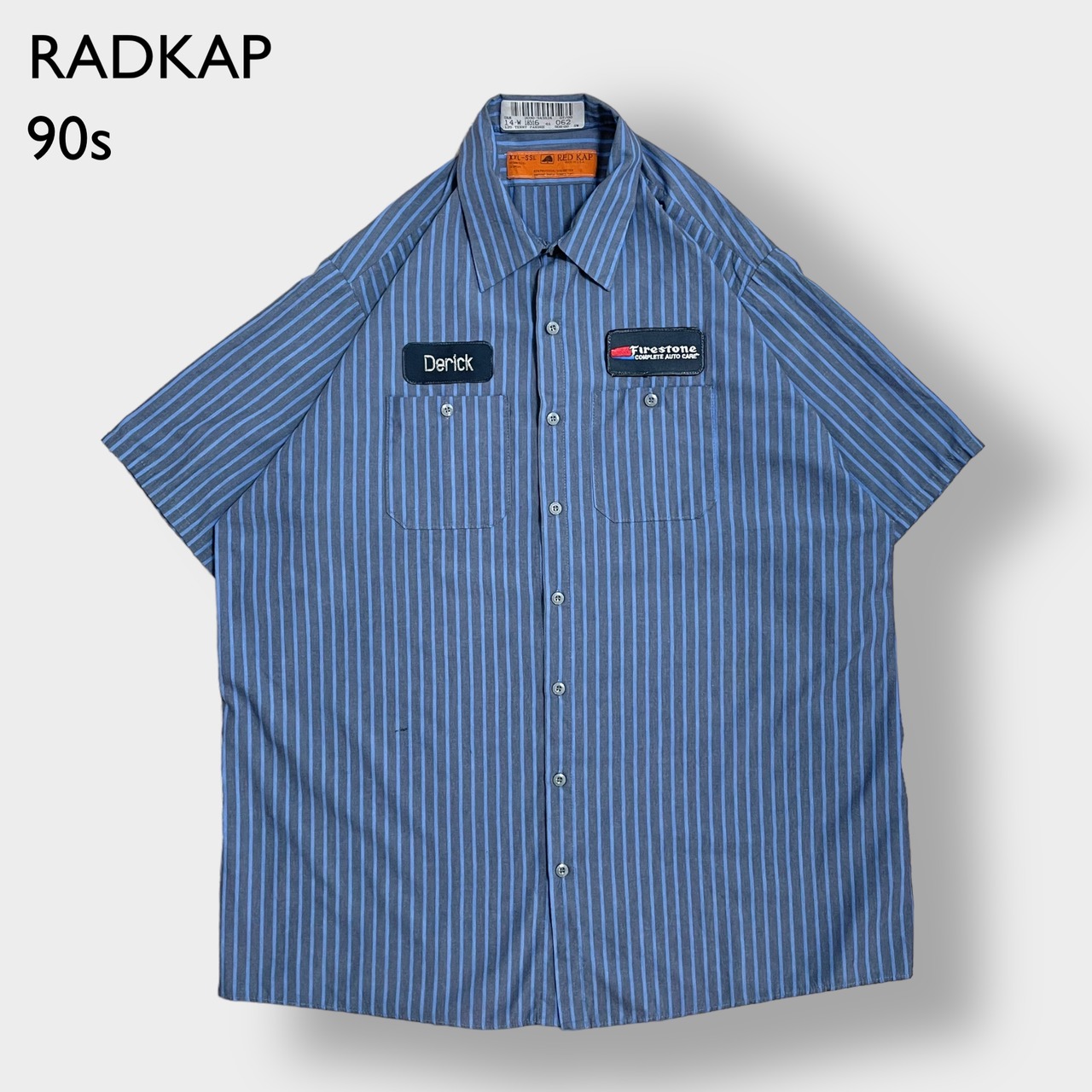 【RADKAP】90s USA製 ワークシャツ ストライプ 半袖 シャツ ワッペン 企業系 XXL ビッグサイズ レッドキャップ US古着