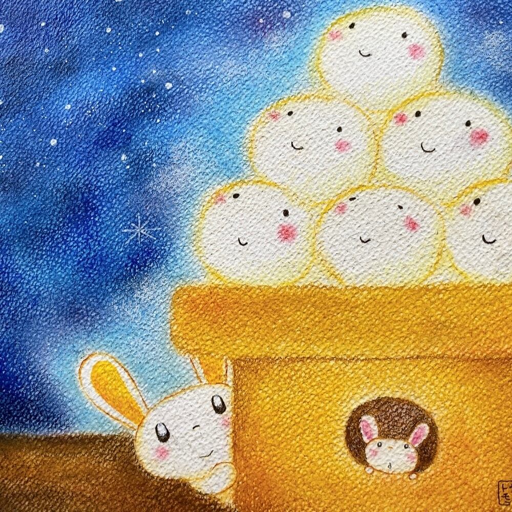 一点物原画【うさぎさんとカエルのお月見】ホスピタルアート～送料無料
