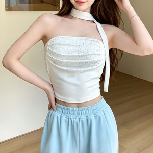 ベアトップ レディース 夏 韓国 チューブトップ カップ付き ラインストーン スカーフ付き ギャザー ショート丈 肌見せ へそ出し ワンホン きれいめ フェミニン カジュアル インナー デート お出かけ トップス [LS-CGT154]
