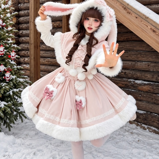 桃雪のうさぎ小屋 うさ耳ケープとファー風縁取りの甘ロリワンピース衣装