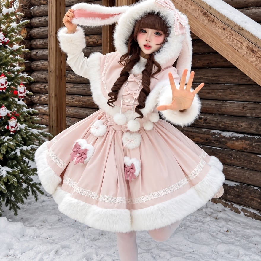 桃雪のうさぎ小屋 うさ耳ケープとファー風縁取りの甘ロリワンピース衣装
