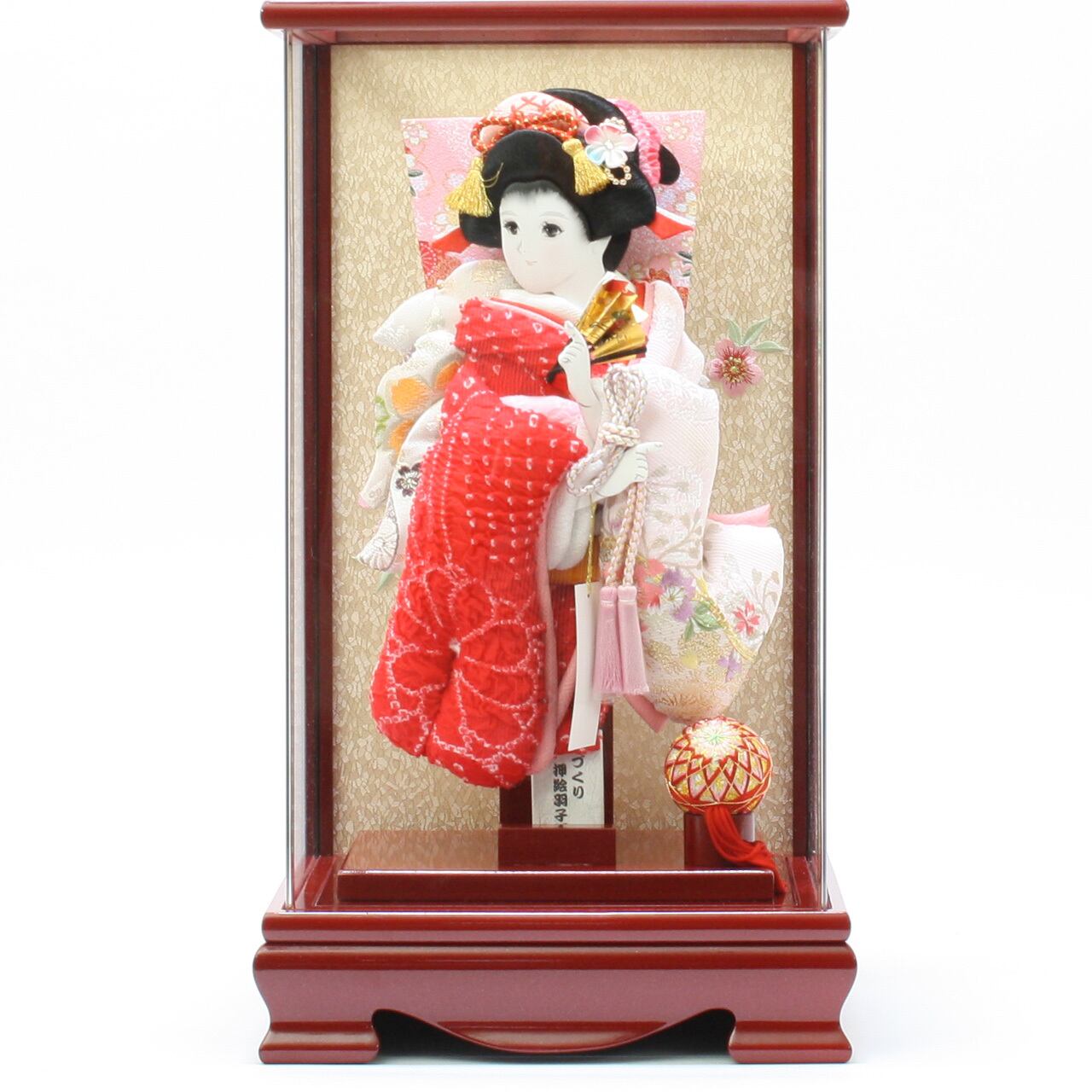 羽子板飾り コンパクト 木目込 正絹博多織 献上柄 赤（飾り台付）｜初