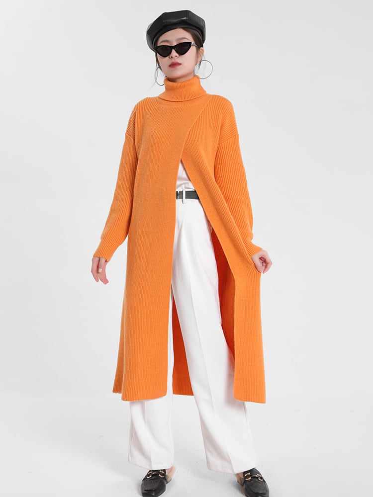 EWQ】スウィートオレンジ ニットロングスリットワンピース