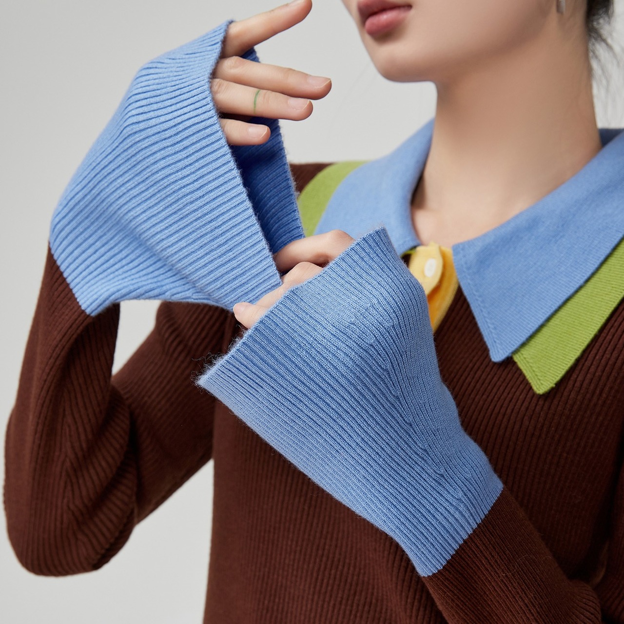 配色襟 リブ編みニットポロシャツ H0040