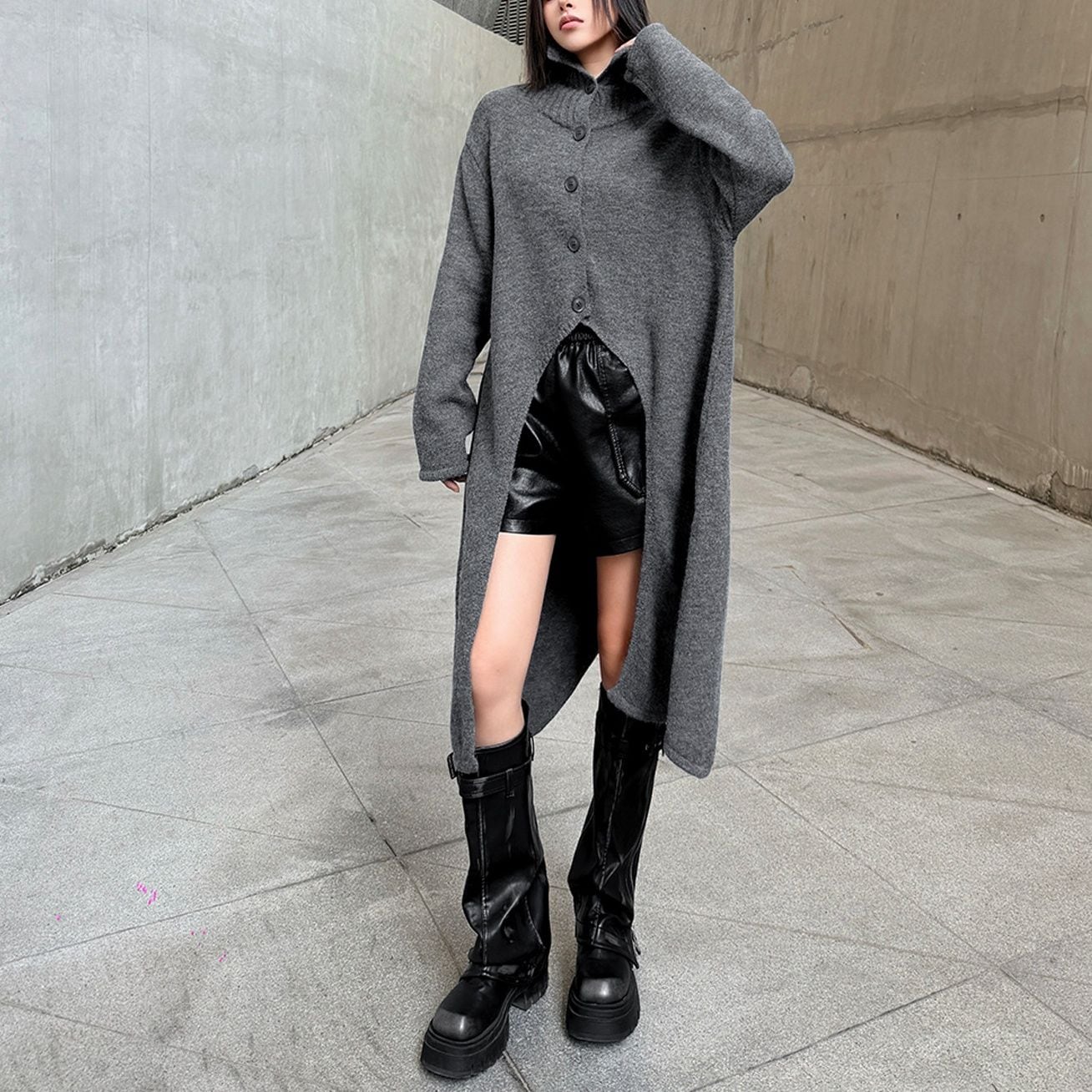 SOLID HIGH NECK LONGLINE KNIT CARDIGAN 2colors M-15521