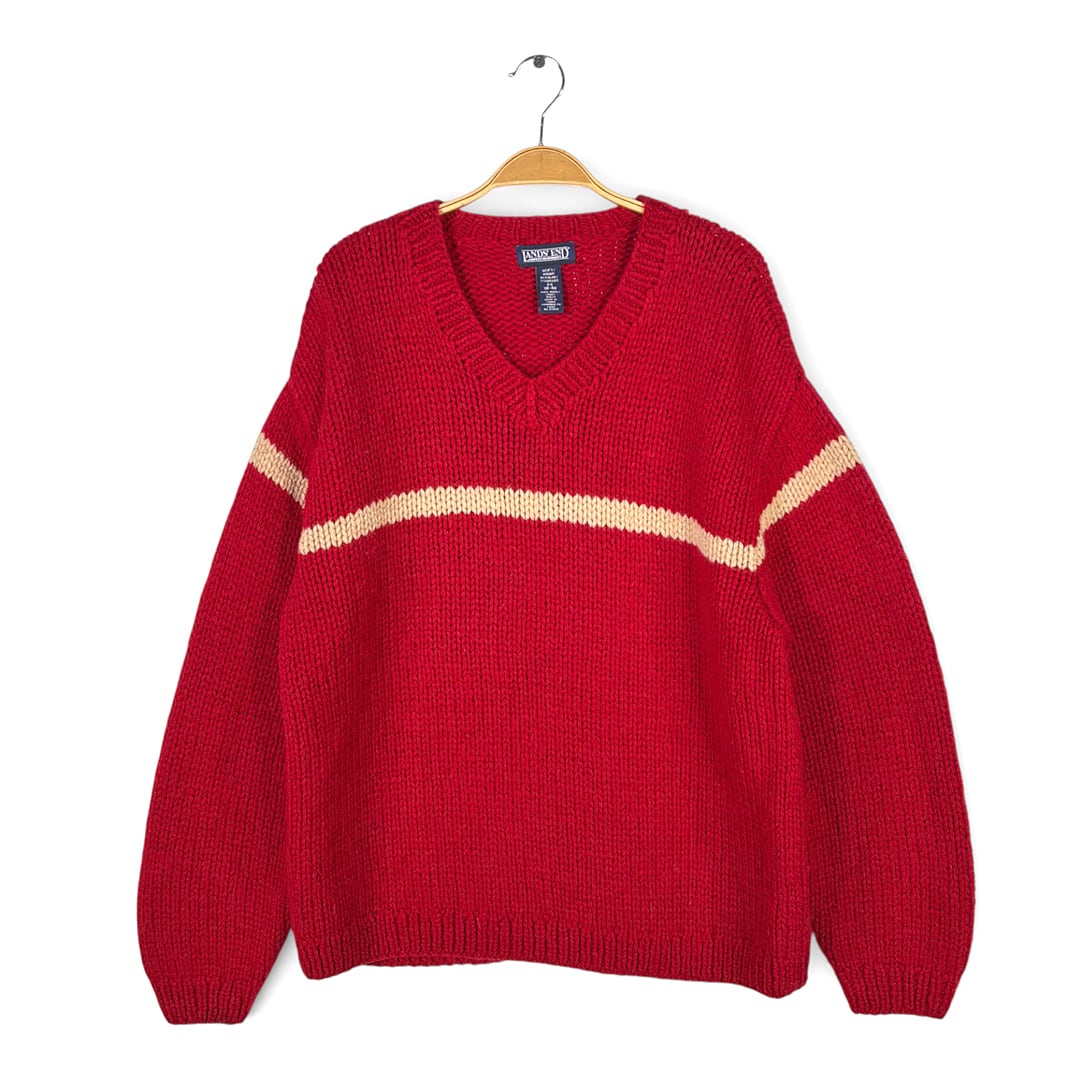 90s ランズエンド Vネック ウールセーター ハイゲージ DIMENSION BY MILFORD サイズL相当 古着 CH1113