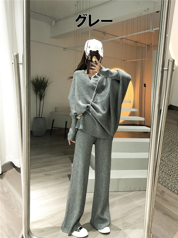 セットアップ ニットスウェット パンツ 4色 プルオーバー パンツ V