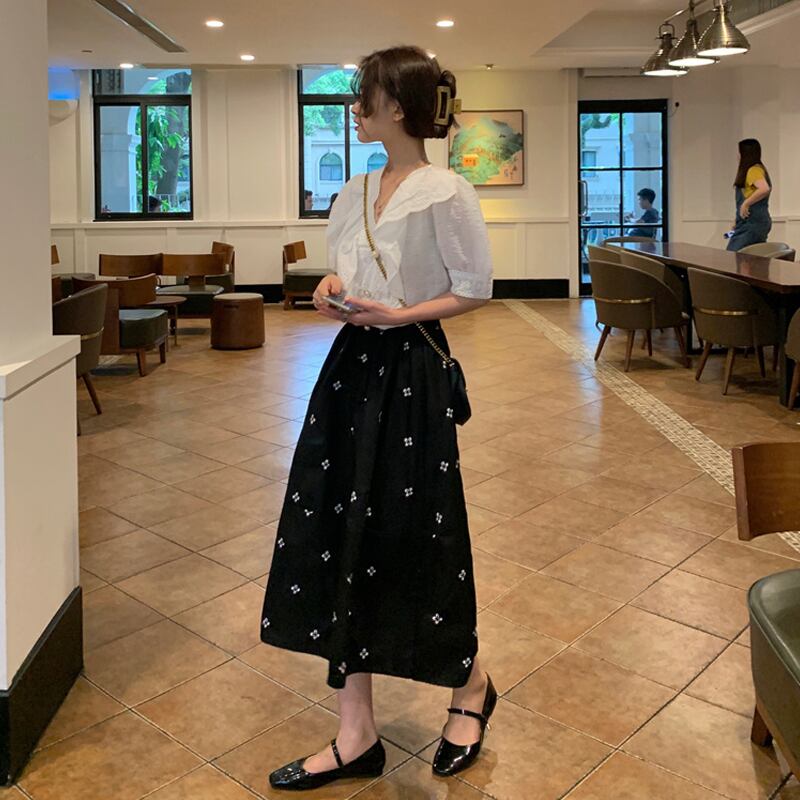 ブラックスカート サマーハイウェストウェストAラインロング 夏物 試着室67195845587