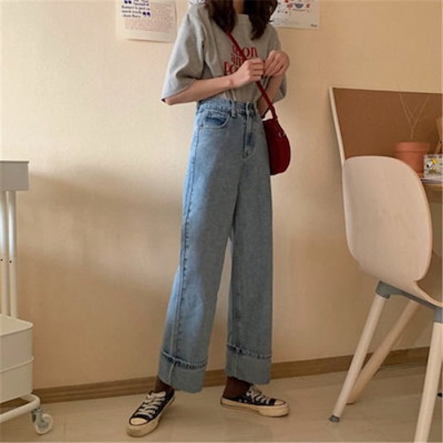 の早割おしゃれ ハイウエスト デニム パンツレディース ヴィンテージ ワイドパンツ デニムパンツ カレッジ風 ジーンズ