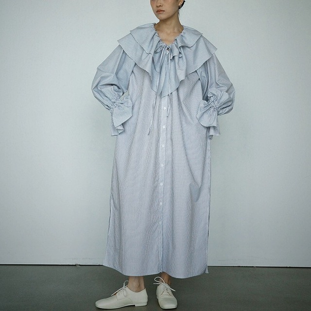 Big Frill Volume Stripe シャツワンピース [26010431]