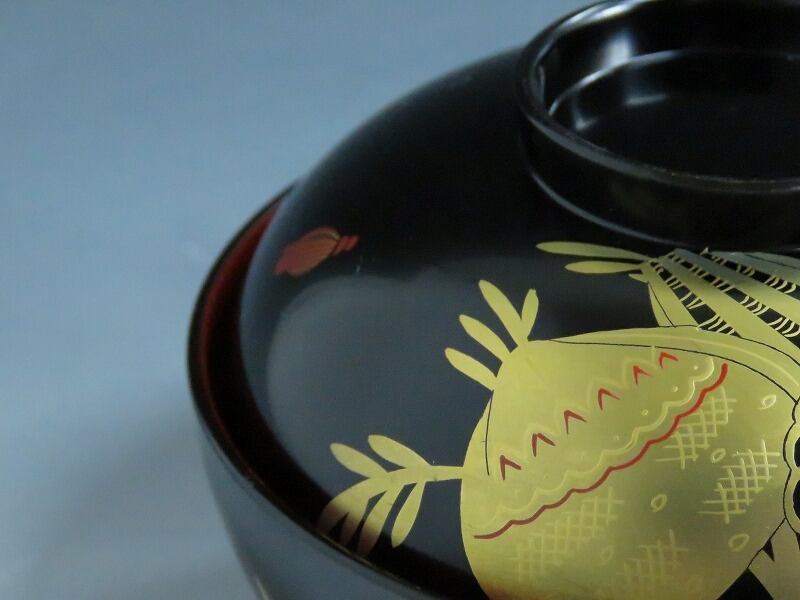 デッドストック未使用品 黒塗 ミル貝蒔絵 海松会蒔絵 吸物椀 5客セット