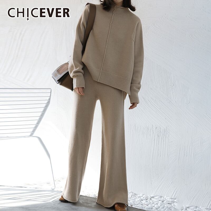 CHICEVER編み物ツーピースセット女性スタンドカラー長袖プルオーバーウエストワイドレッグパンツソリッドセット2021 ロング ワイドパンツ ソリッドカラー 6base535037486283
