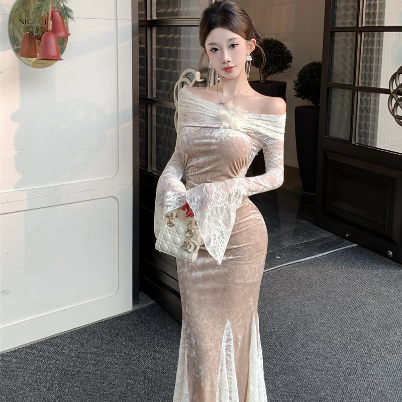 【dress】オフショルダーレースマーメイドワンピース Q7879
