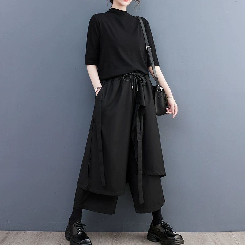 BLACK LAYERED DESIGN WIDE LEG CROPPED PANTS 1color M-8965