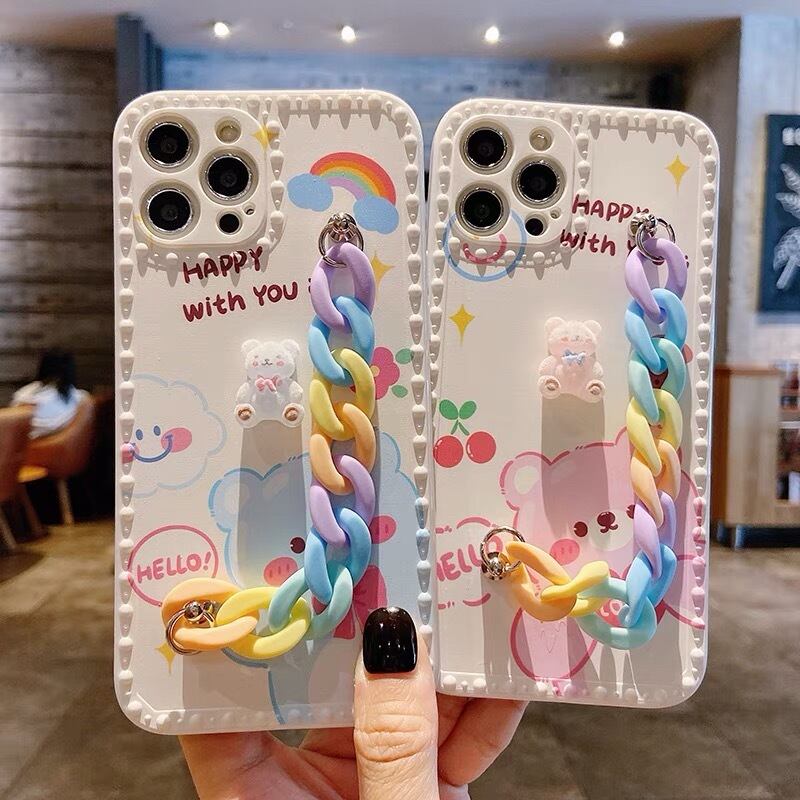 iPhoneケース iPhone13 iPhone12 キーリング チェーン くま さくらんぼ チェリー 虹 雲 英字 英語 英文 2159