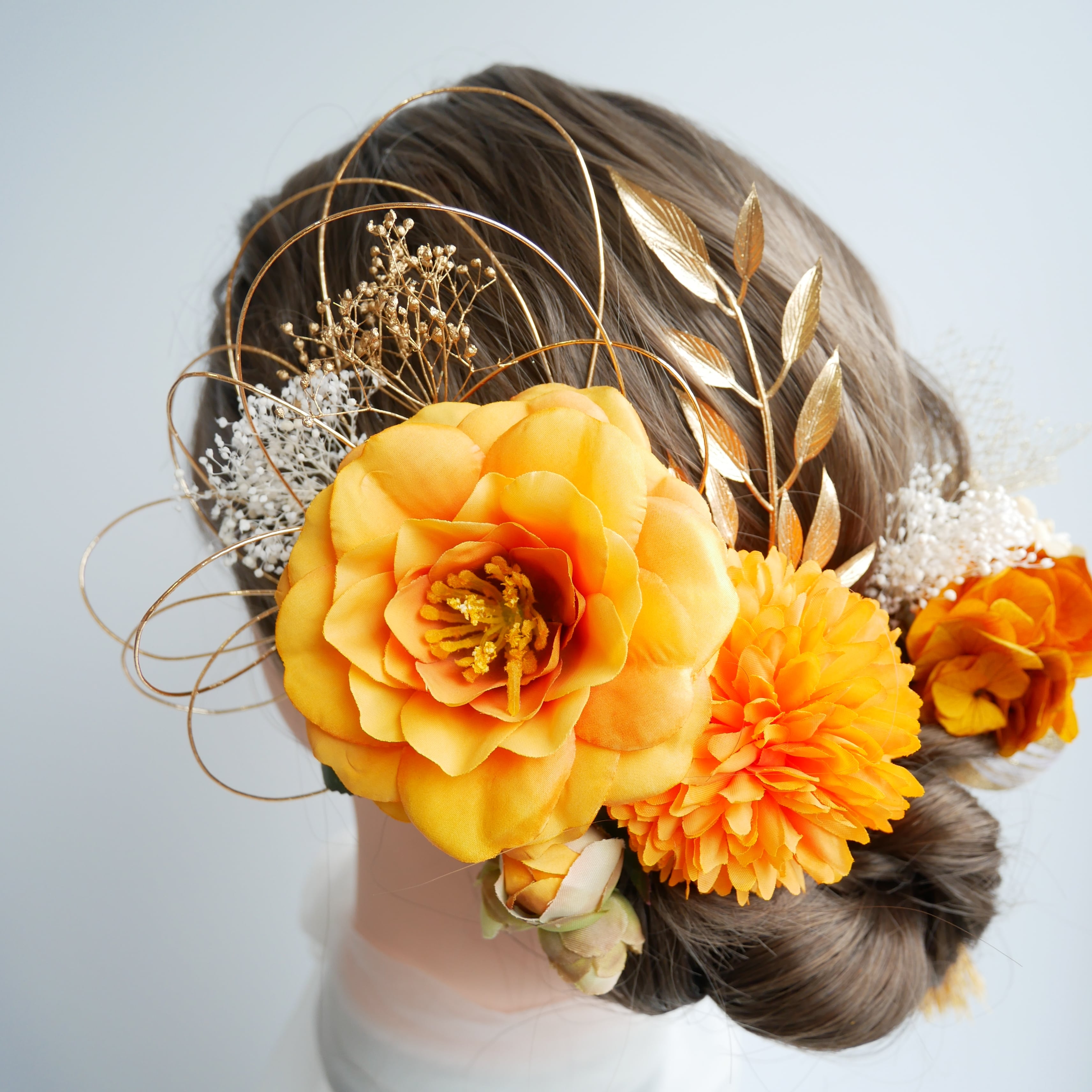 A038 黄オレンジ 椿の髪飾り 水引 リボン ドライフラワー 成人式 卒業
