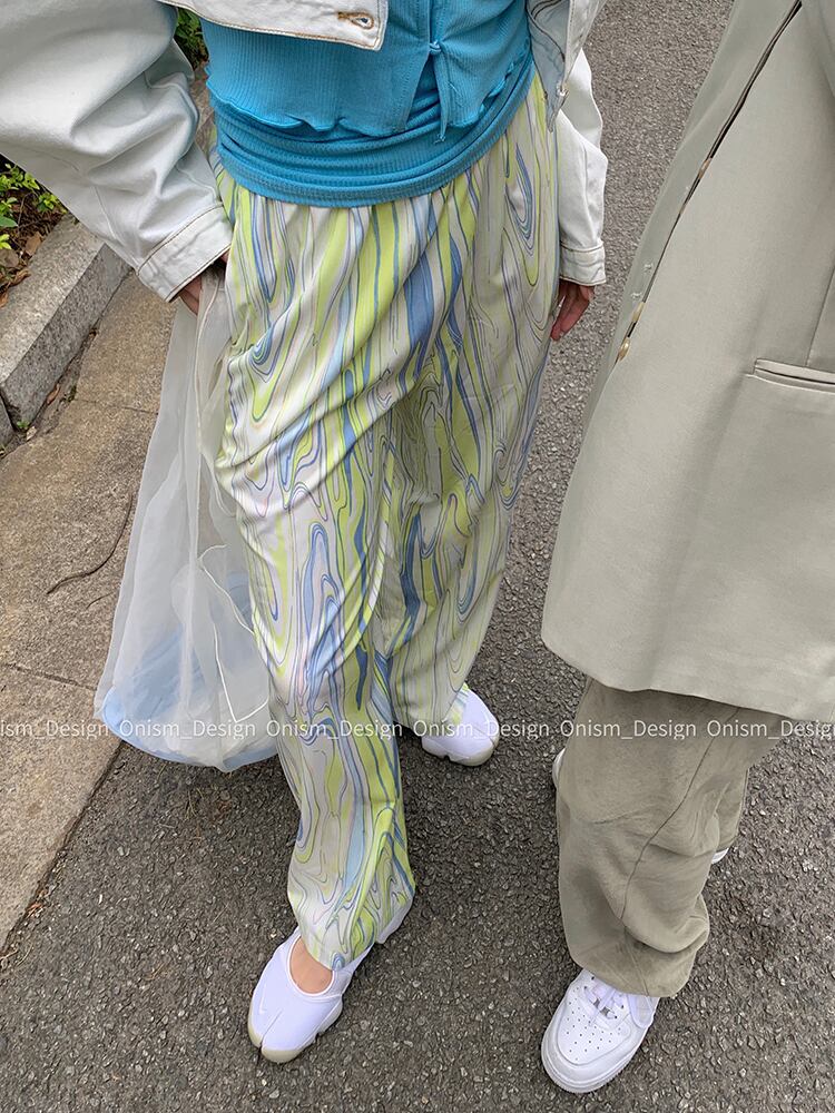 サマーカラーパンツ ギャザーストレッチウェストルーズワイドレッグ エラスティック 伸縮 夏物 ワイドパンツ ビッグFスモールZ韓国51995456477