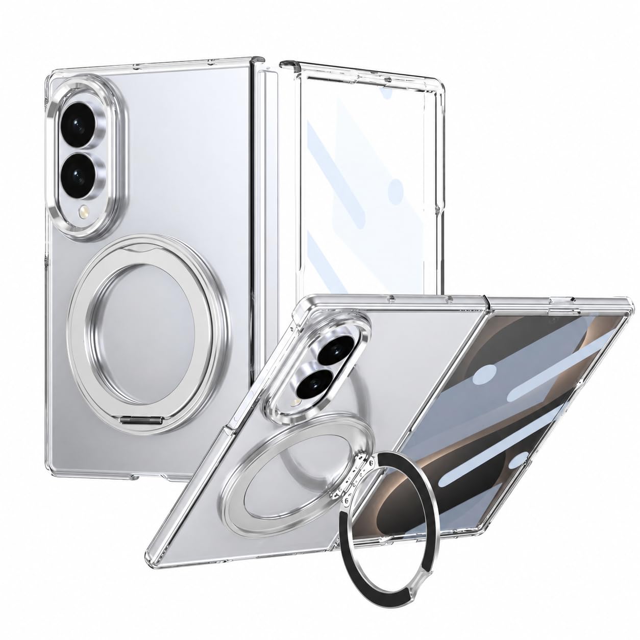 Casesmo for Samsung Galaxy Z Fold 8 用 ケース クリア Magsafe対応 9Hガラスフィルム付き 360 リング付きで縦横両対応 カメラ保護 耐衝撃 全面保護 薄型 軽量 スマホケース 滑り止め 黄ばみ防止 指紋防止 強力マグネット搭載でワイヤレス充電対応 保護ケース,透明