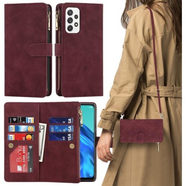 Galaxy A52 5G ケース 手帳型 ショルダー G カバー A52 ケース galaxy SC53B ケース A525G スマホケース A52ケース 手帳型 適用 case iCoverCase ストラップホール付き カード収納 バッグ マグネット 留め具 肩がけ 首掛け 斜め掛け カードケース ファスナー型 ストラップ付き カバー ショルダーケース クロスボディケース カード入れ スマホケース 携帯カバー ワインレッド 1155