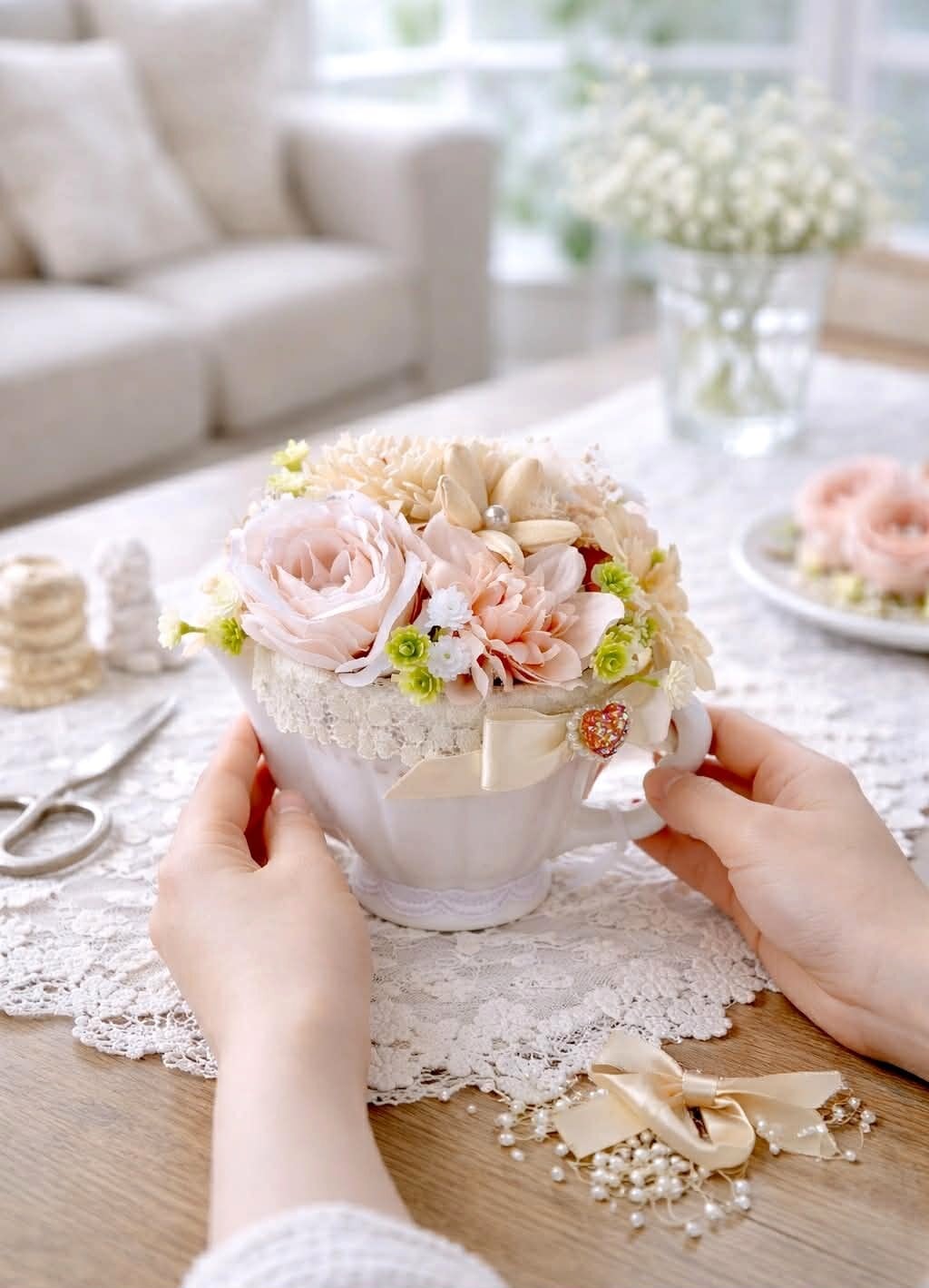 花咲くティーカップ【FA-002】H12㎝|白の陶器│フリルレース付│ギフト│インテリアにおすすめ