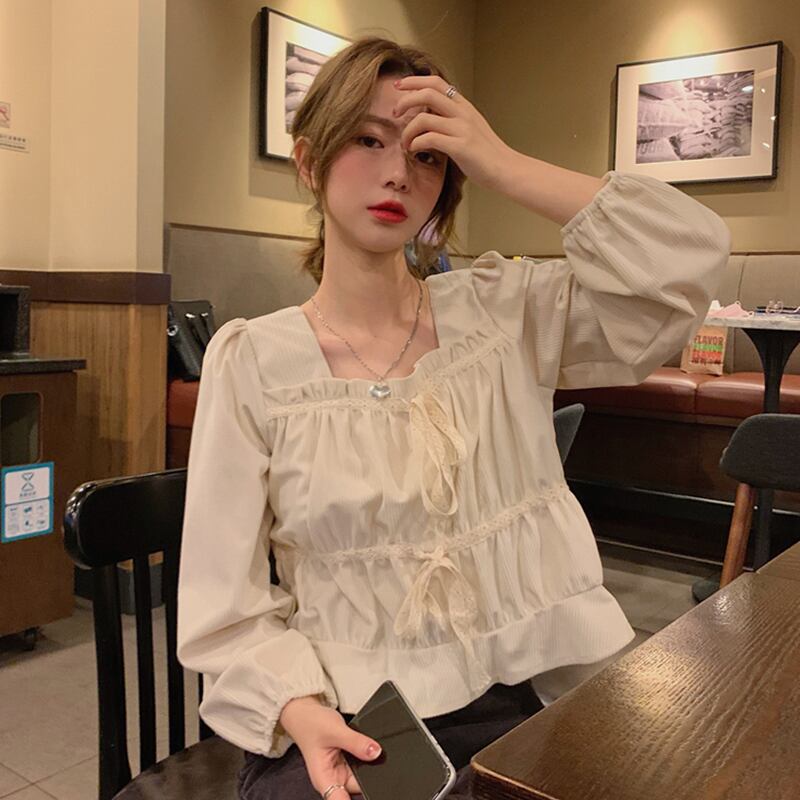 シャツ スプリングレーストップス ロング 春物 スクウェア ステッチ 萌量不足82423847293