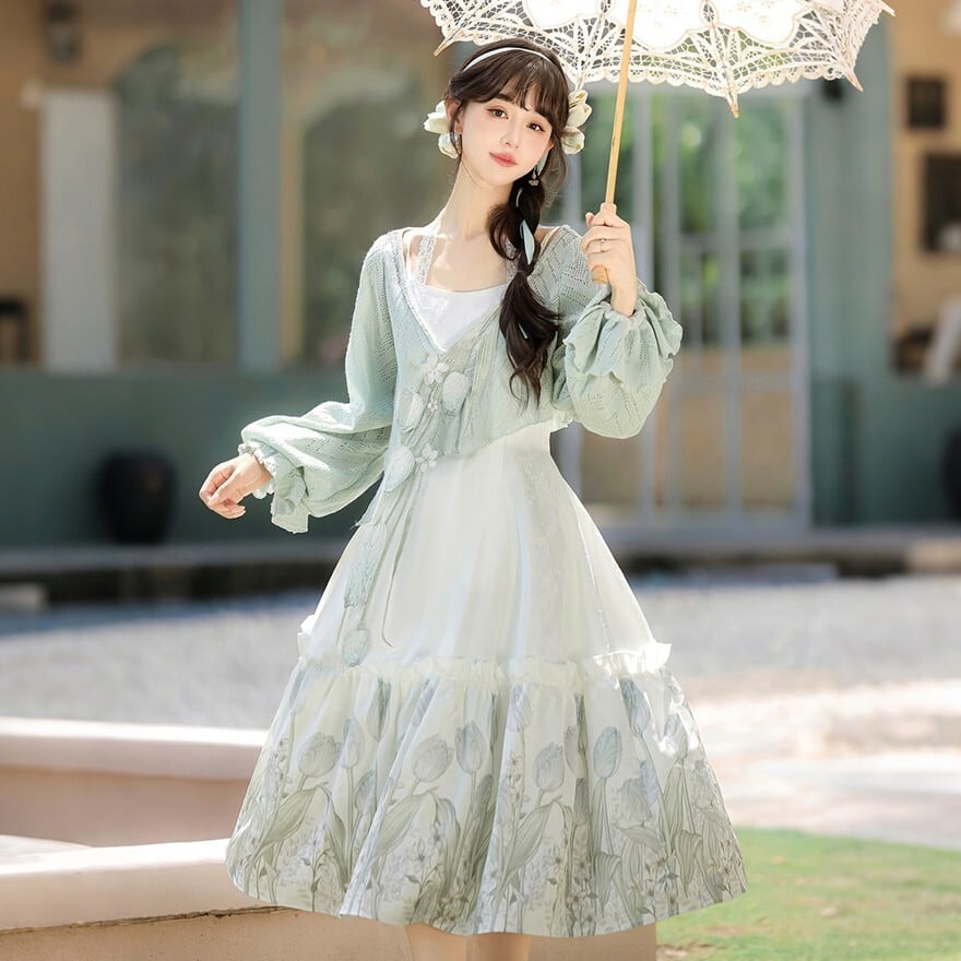 BABY 花柄 ロリータワンピース ドレス ミント ロリータファッション ミントボレロ付き花柄ロングワンピース
