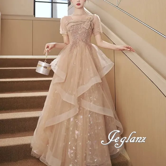 2色 パーティ イブニングドレス 蝶 カラードレス レイヤード パール(MB473)ζ☆