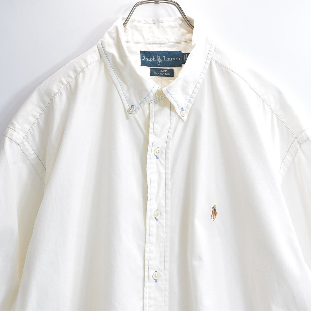 90s Ralph Lauren ラルフローレン BLAKE ブリーチカスタム ボタンダウン 半袖 コットンシャツ 刺繍ロゴ ブリーチホワイト ヴィンテージ ビンテージ アメリカ古着 メンズ XXL相当