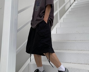 【韓国ファッション】マルチポケットオーバーオールショーツ ワイドレッグカジュアルパンツ