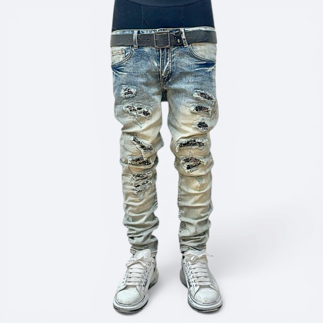 high street damage paisley denim【ES002】