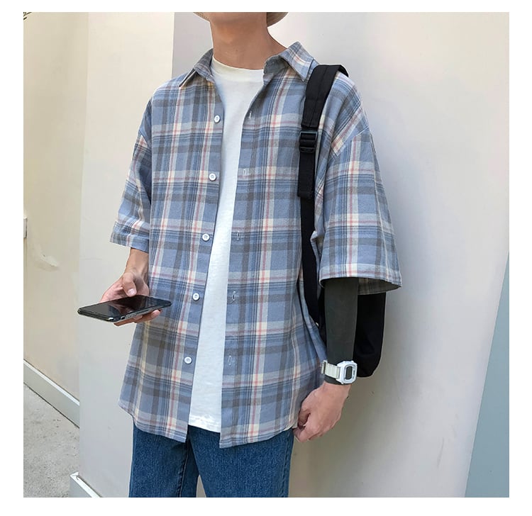 全2色 シャツ トップス チェック カジュアル 羽織 半袖 重ね着