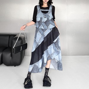 patchwork デニムプリント ワンピース (kai1171)