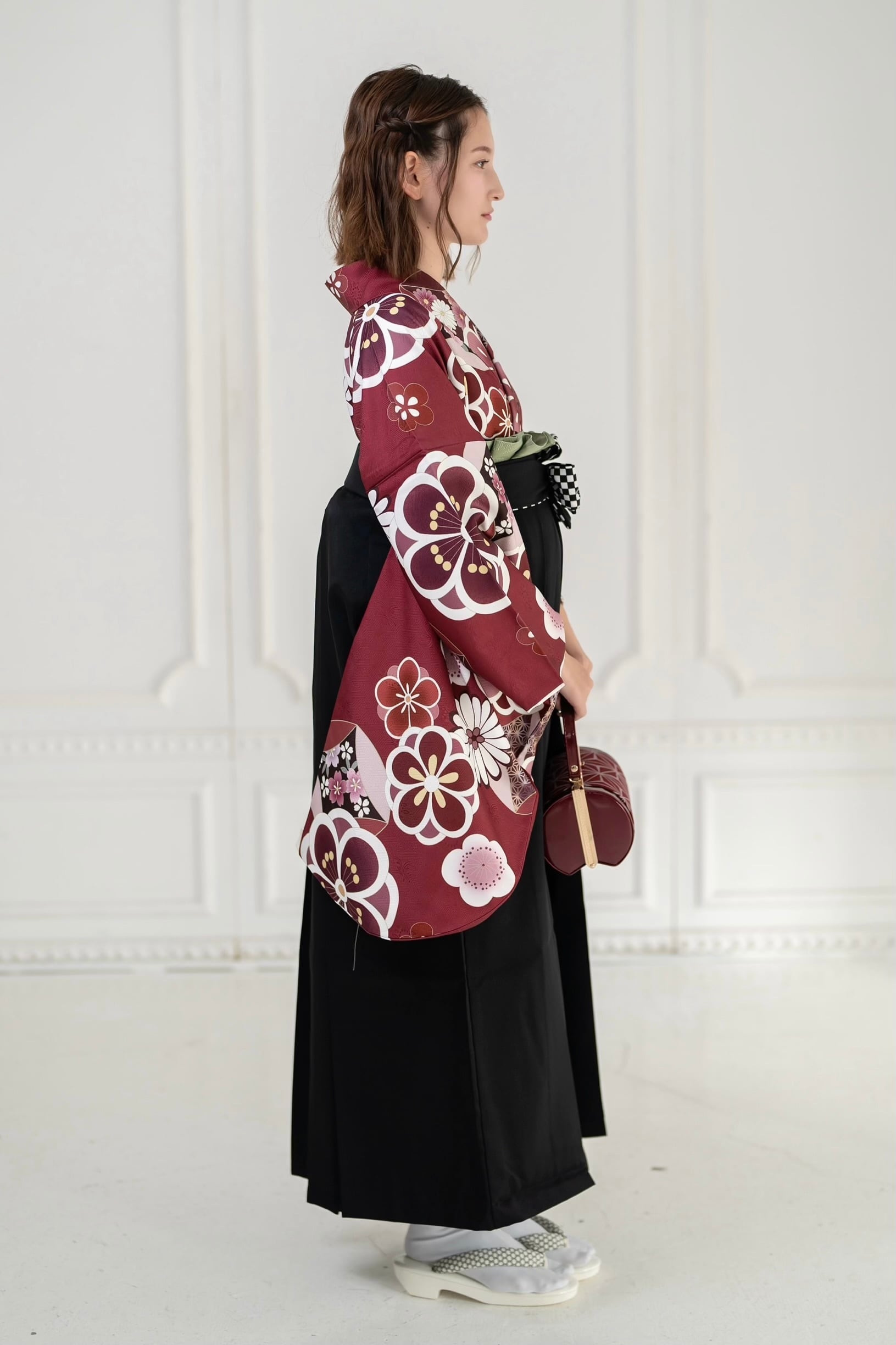 Kimono Sienne 卒業式袴3点セット 赤 二尺袖着物 袴 黒 市松模様 卒業