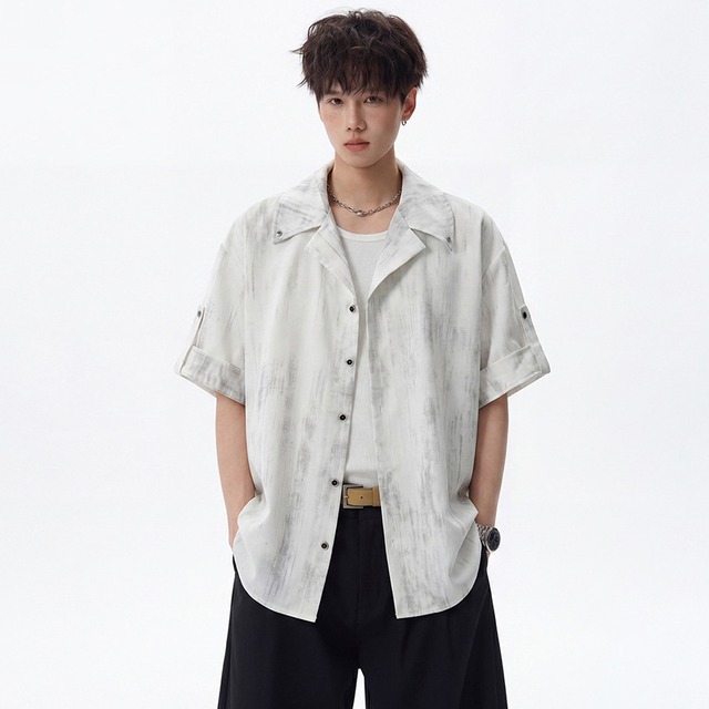 【WSシリーズ】★チャイナ風トップス★ 2color シャツ ユニセックス メンズ 絞り染め 半袖 灰