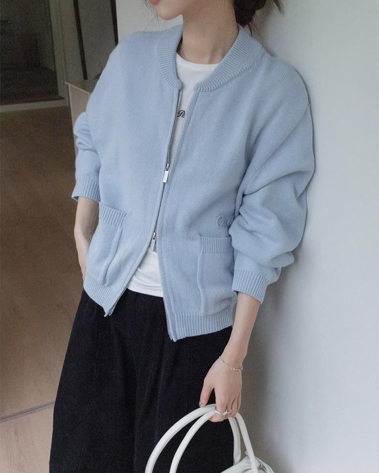Long Sleeve Zip-Up Waist-Length Knit Cardigan L0033