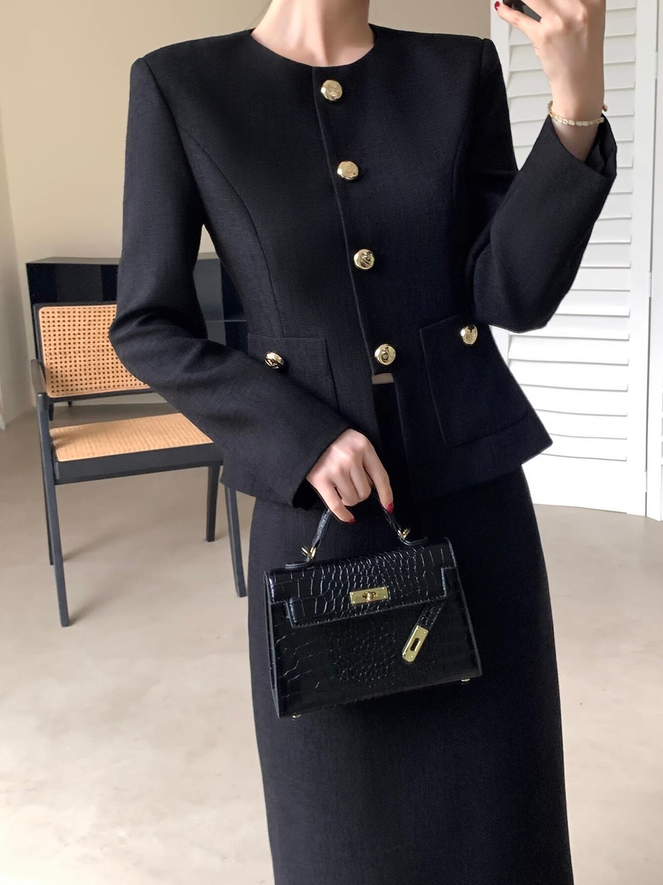 round neck gold button jacket setup.1176