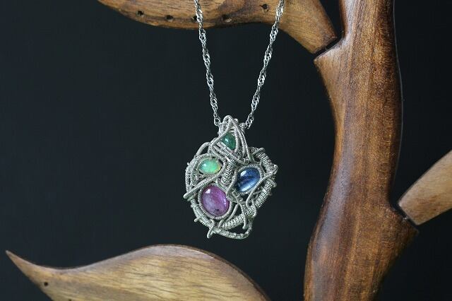 Ruby Kyanite Opal Emerald silver925 wirewrapping pendant