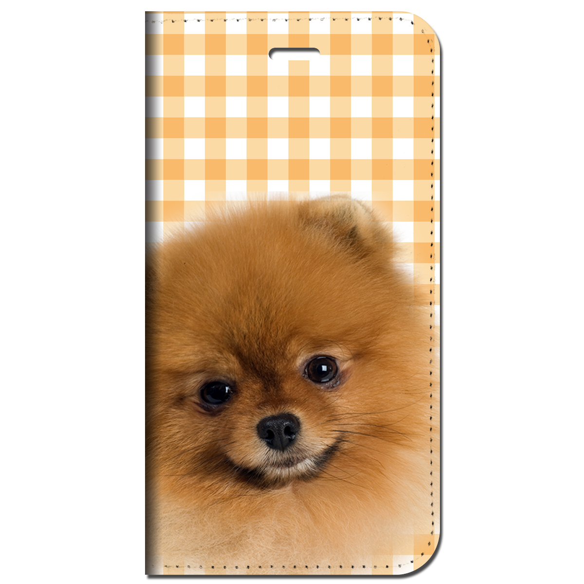 iPhone対応 スマホ 手帳型ケース ポメラニアン チェック柄オレンジ 動物 ペット犬 イヌ 【iPhone16 / iPhone16e / iPhoneSE 他 iPhone各機種対応】 st65