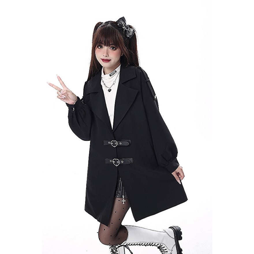 サブカル 服 地雷系 通販 CRAZYGIRL アウター コート ラブバックル バックリボン ミドル丈 かわいい ロリータ