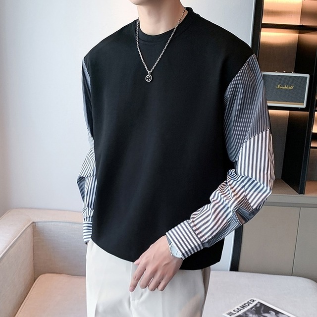 ラウンドネック　切替　ストライプスリーブシャツ　2カラー　LB0353