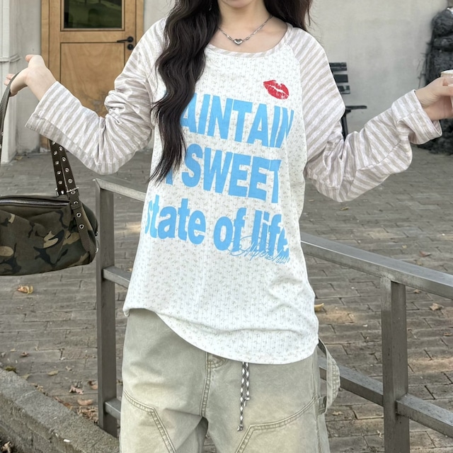 ボーダーラグランリッププリントロングスリーブTシャツ 2col R02471