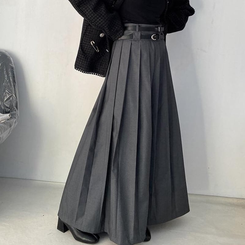 W belt pleated long skirt 2 colors V2782