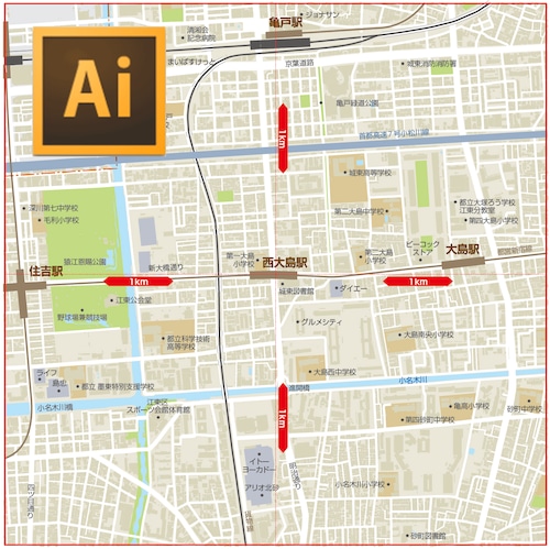 ◆受注制作品◆ 目的地半径1kmの地図（ベクターAI 編集可能）