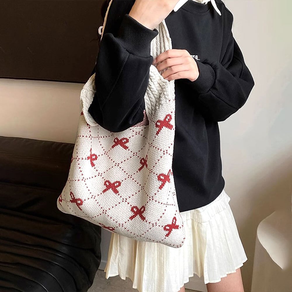 リボン柄 ニット トートバッグ レディース 韓国 大容量 大人 かわいい おしゃれ 通勤 通学 エコバッグ 折り畳み 軽量 A4 きれいめ カジュアル 大人可愛い 大人女子
