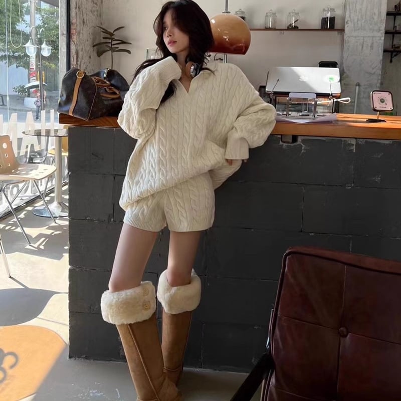 【set】ポロネックニットトップス×ショートパンツセット Q6585