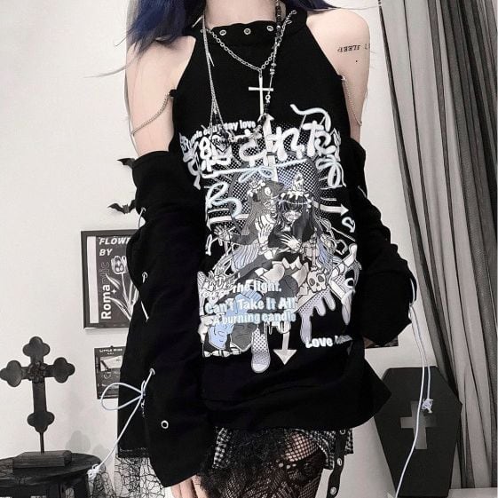 オフショルダー Tシャツ クロスネックレス付き オープン