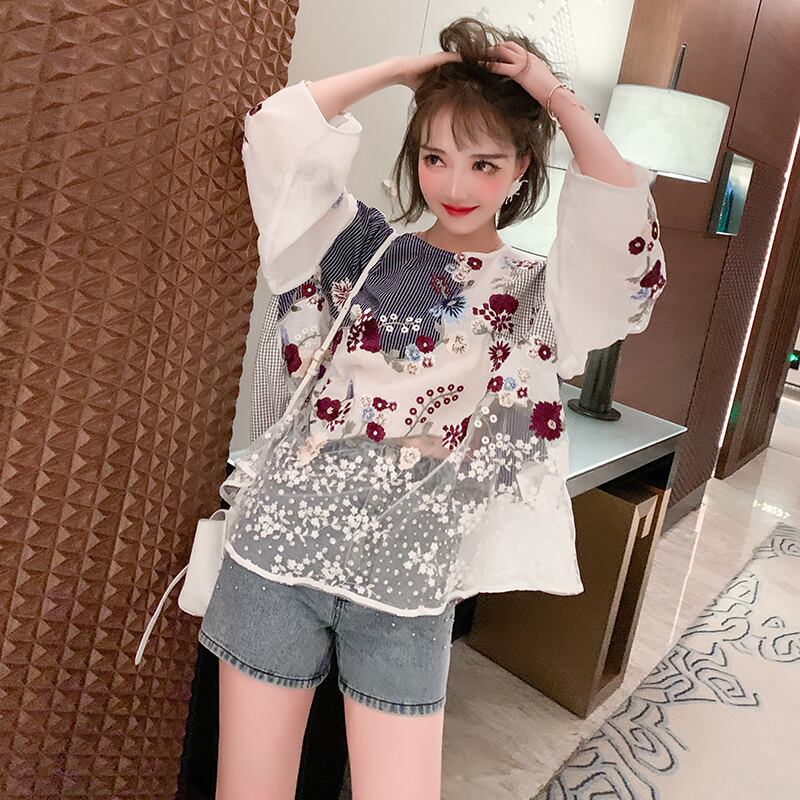 ラウンドネックトップス ウェスト薄手ショーツ セット レッド 刺繍 スプリング 春物 サマー 夏物 ブルマー Oネック MIUCO40338263905