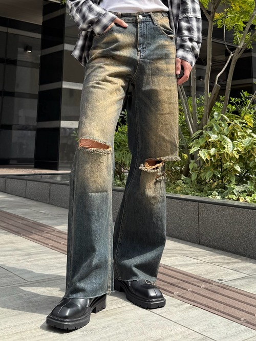 【ALUDE SELECT】loose fit vintage wash damage denim pants