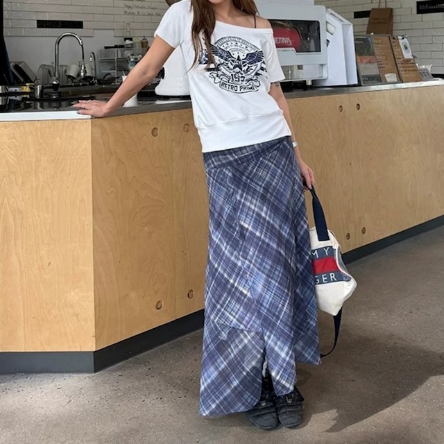 ワンショルダーレトロエンブレムグラフィックTシャツ 2col R02446