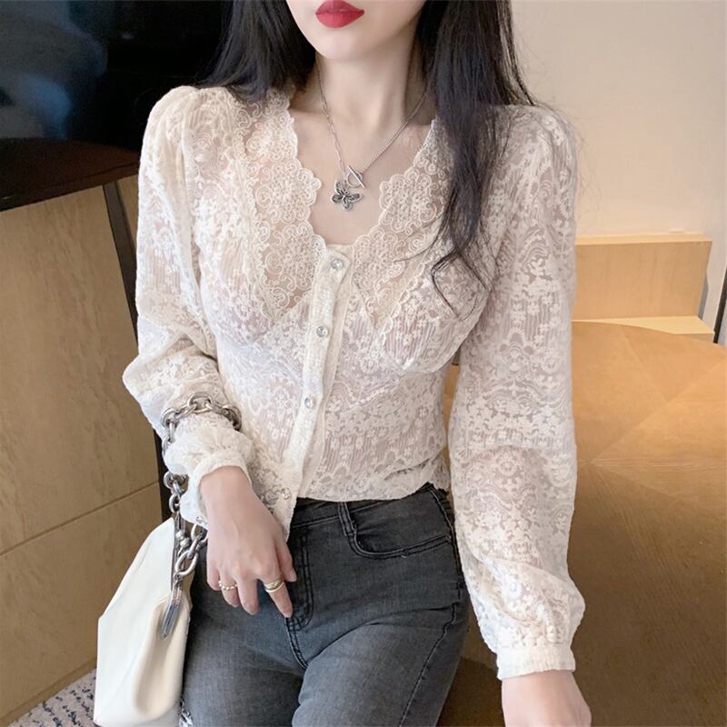 スリーブレースシャツ トップス レディーススプリングスタイルシフォンカーディガン ロング 大人ガーリー スウィート キュート カジュアル 春物 ドラファッションホール45843448402